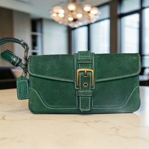 SOLD Vintage Coach Green Suede Wristlet Clutch Brass Buckle Wallet Y2K